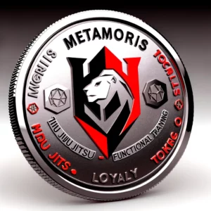 DALL·E 2024-05-27 16.12.35 - A digital Web3 loyalty token for Metamoris, featuring the original Metamoris logo with a side-view lion head and the text 'Jiu Jitsu • Functional Trai